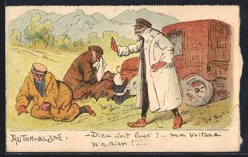 Künstler-AK Automobilisten sitzen erschöpft vor ihrem Auto