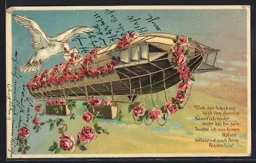 AK Zeppelin mit Blumen und Brieftaube, Glückwunsch zum Geburtstag