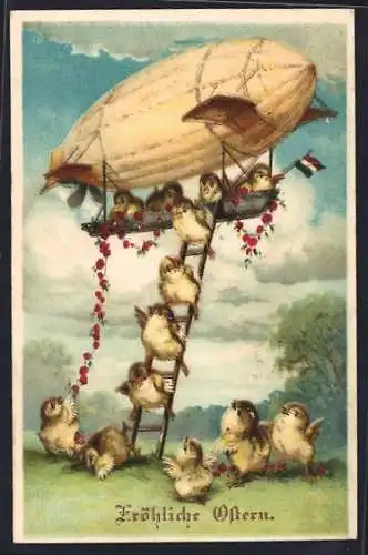 AK Osterküken klettern aus einem Zeppelin