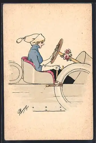 Künstler-AK Dame am Steuer eines Autos