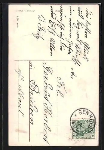 AK Briefträgerpaar mit einem geschmückten Zeppelin unterwegs