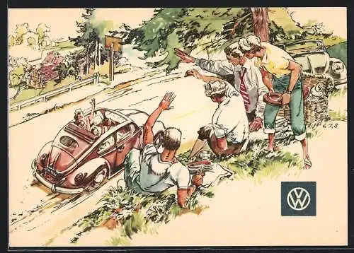 AK VW Käfer Auto Ovali mit Faltdach, Leute grüssen ein vorbeifahrendes Auto, Reklame