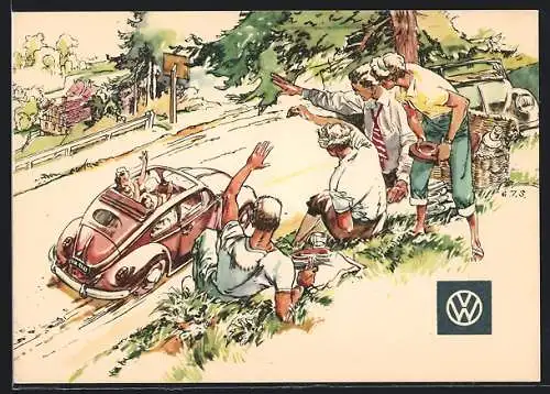AK VW Käfer Auto Ovali mit Faltdach, Leute grüssen ein vorbeifahrendes Auto, Reklame