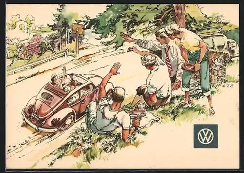 AK Auto VW Käfer Ovali mit Faltdach, Leute grüssen ein vorbeifahrendes Auto, Reklame