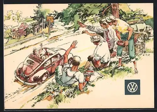 AK VW Käfer Auto Ovali mit Faltdach, Leute grüssen ein vorbeifahrendes Auto, Reklame