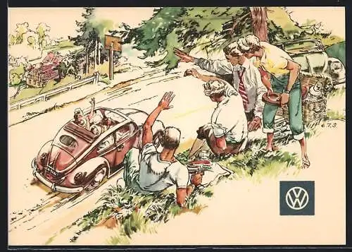 AK VW Käfer Auto Ovali mit Faltdach, Leute grüssen ein vorbeifahrendes Auto, Reklame