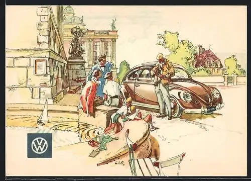 Künstler-AK Volkswagen Reklame, Familie sitzt an einem Brunnen, VW Käfer