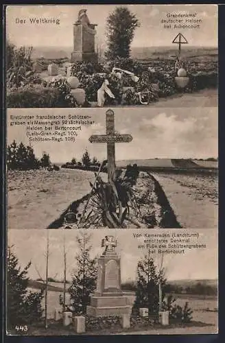 AK Auboncourt, Grabdenkmal, Bertoncourt-Schützengraben, Bertoncourt-Denkmal am Fusse des Schützengrabens