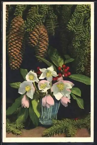 Foto-AK Emanuel Gyger: Vase mit Blumenstrauss unter Tannenzapfen