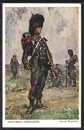 Künstler-AK Armee Belge, Grenadier in Uniform mit Ausrüstung im Feld