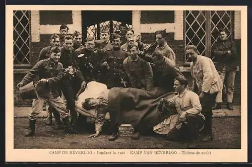 AK Camp de Beverloo, Soldatenhumor Kameraden wecken Langschläfer
