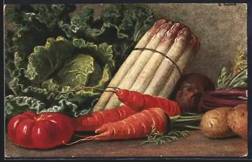 Künstler-AK Spargel, Möhren, Tomate, Kartoffeln, Rote Beet und Kohl