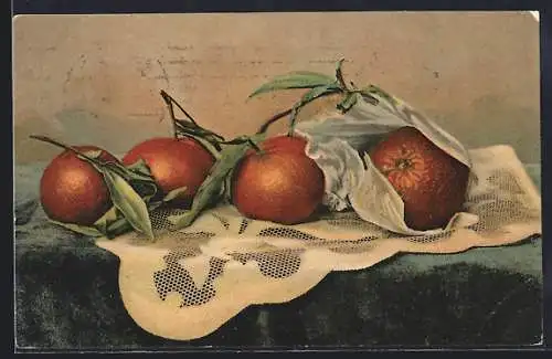 AK Vier Orangen auf einem Spitzendeckchen