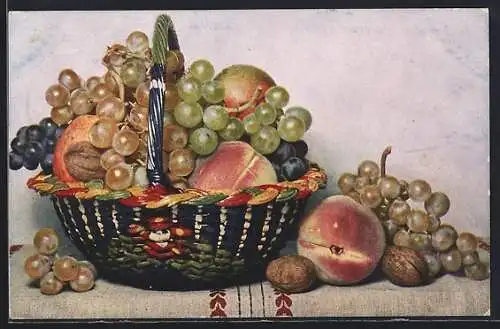 AK Obst und Wallnüsse in einem Weidenkorb