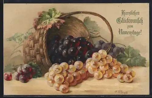 Künstler-AK Stillleben mit Korb und roten und weissen Weintrauben