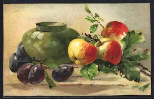 AK Stilleben mit Äpfeln und Pflaumen