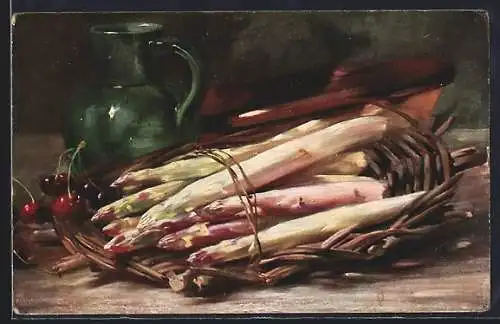 Künstler-AK Spargel mit Kirschen und einer Karaffe