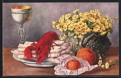 Künstler-AK Orangen, Spargel mit einem Hummer und eine Blumenvase