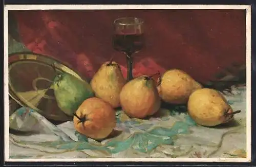 Künstler-AK Birnen mit einem Glas Wein