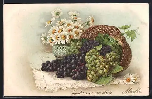 AK Korb mit hellen und dunklen Weintrauben, Margeritentopf