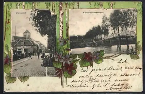 AK Warnsveld, Strassenpartie im Ort, Warnsveldschevonder, Passepartout mit Veilchen