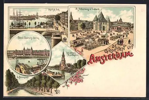 Lithographie Amsterdam, Central-Spoorweg-Station, de Herrengracht