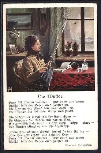 AK Gedicht zum Muttertag: Die Mutter, Ganz still ist`s im Zimmer..., Frau beim Stricken