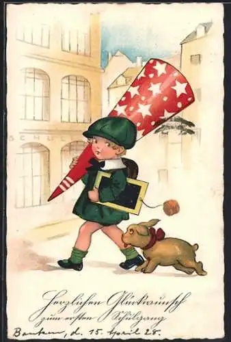 AK Beste Wünsche zum Schulanfang, ABC-Schützin mit Zuckertüte und kleinem Hund