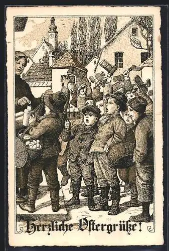 Künstler-AK Herzliche Ostergrüsse, Kinder sammeln Geld auf einer Strasse