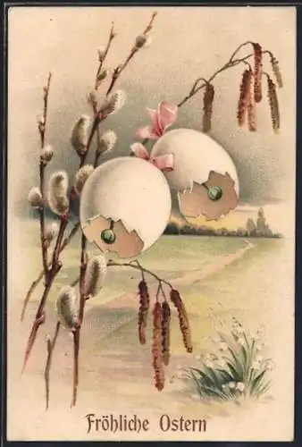 AK Eierschalen an einem Weidenzweig, Fröhliche Ostern