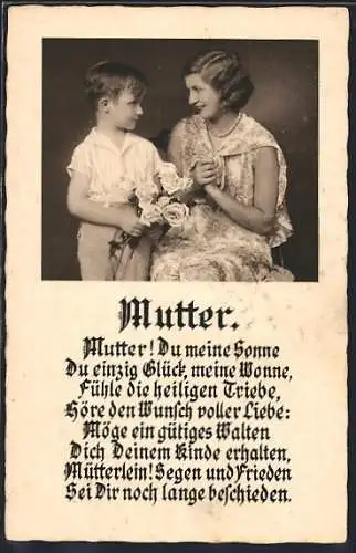 AK Mutter!, Du meine Sonne..., Gedicht zum Muttertag
