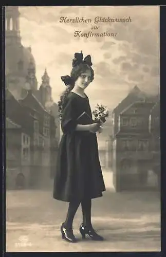 AK Konformandin mit Bibel und Blumen