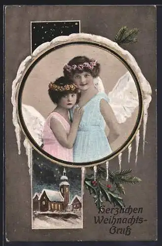 AK Zwei Weihnachtengel im Passepartout mit verschneiter Kirche