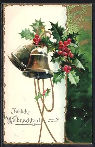 AK Verschneite Glocken mit Stechpalmenzweigen, Fröhliche Weihnachten