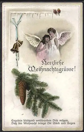 AK Zwei Weihnachtsengel mit Tannenzweig und Glocken