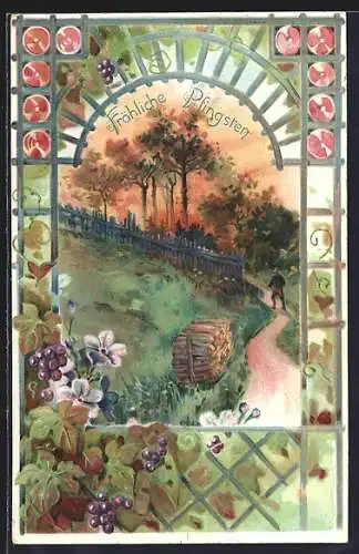 Präge-AK Fröhliche Pfingsten, Feldweg gerahmt von Weinblättern