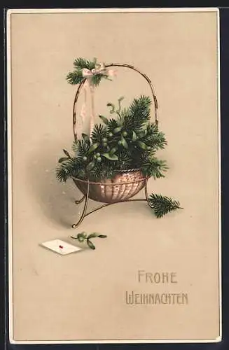 AK Frohe Weihnachten, Tannenzweig in einem Korb