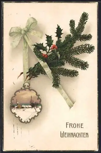 AK Frohe Weihnachten, Winterlandschaft im Passepartout mit Stechpalmen- und Tannenzweig