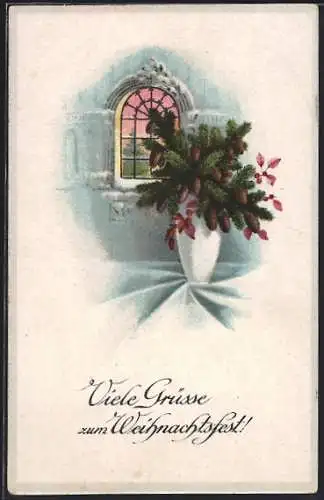 AK Weihnachtsgrüsse, Strauss aus Tannenzweigen vor verschneitem Fenster