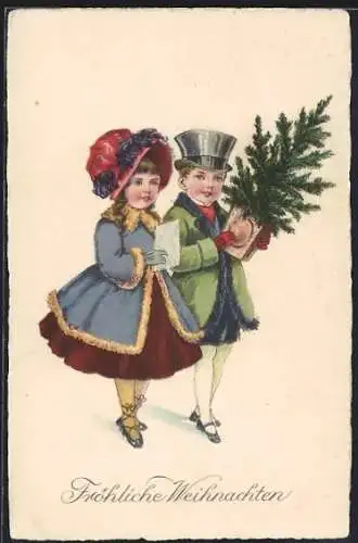 AK Fröhliche Weihnachten, Kinder mit Tannenbaum und Brief