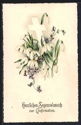 AK Konfirmation, Schneeglöckchen, Stiefmütterchen und Kreuz