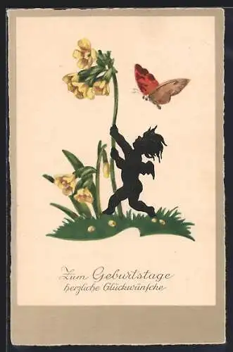 AK Kleiner Engel schüttelt eine Blume, Schmetteling, Geburtstagsgruss
