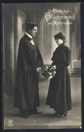 AK Pfarrer und Konfirmandin mit Bibel und Blumen