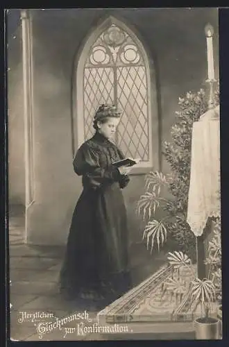 AK Konfirmandin mit Bibel in der Kirche