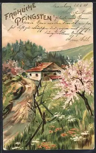 AK Fröhliche Pfingsten, Frühlingslandschaft mit Gehöft