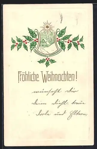 AK Fröhliche Weihnachten, Verschneiter Hof im Stechpalmen-Passepartout