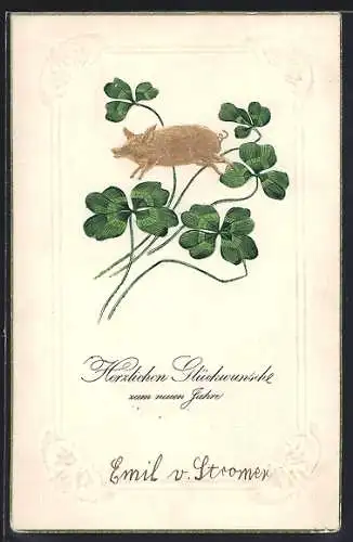 Präge-AK Goldenes Glücksschwein mit Kleeblättern, Neujahrsgruss
