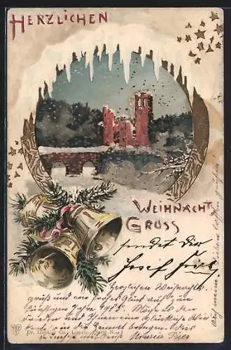 AK Verschneite Burgruine im Passepartout mit Weihnachtsglocken