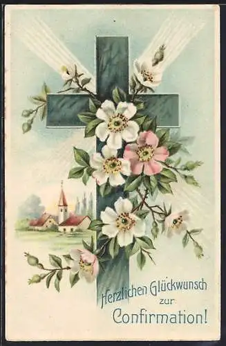Präge-AK Glückwunsch zur Konfirmation, Kreuz mit blühenden Rosen
