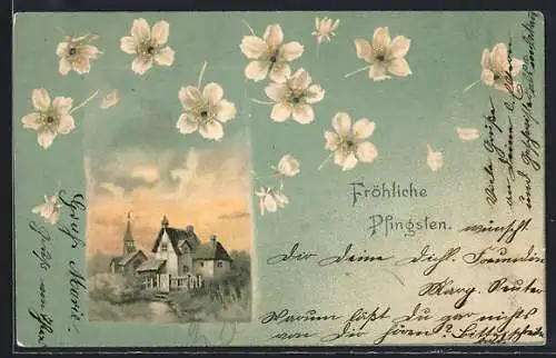 AK Fröhliche Pfingsten, Dorf im Blumen-Passepartout